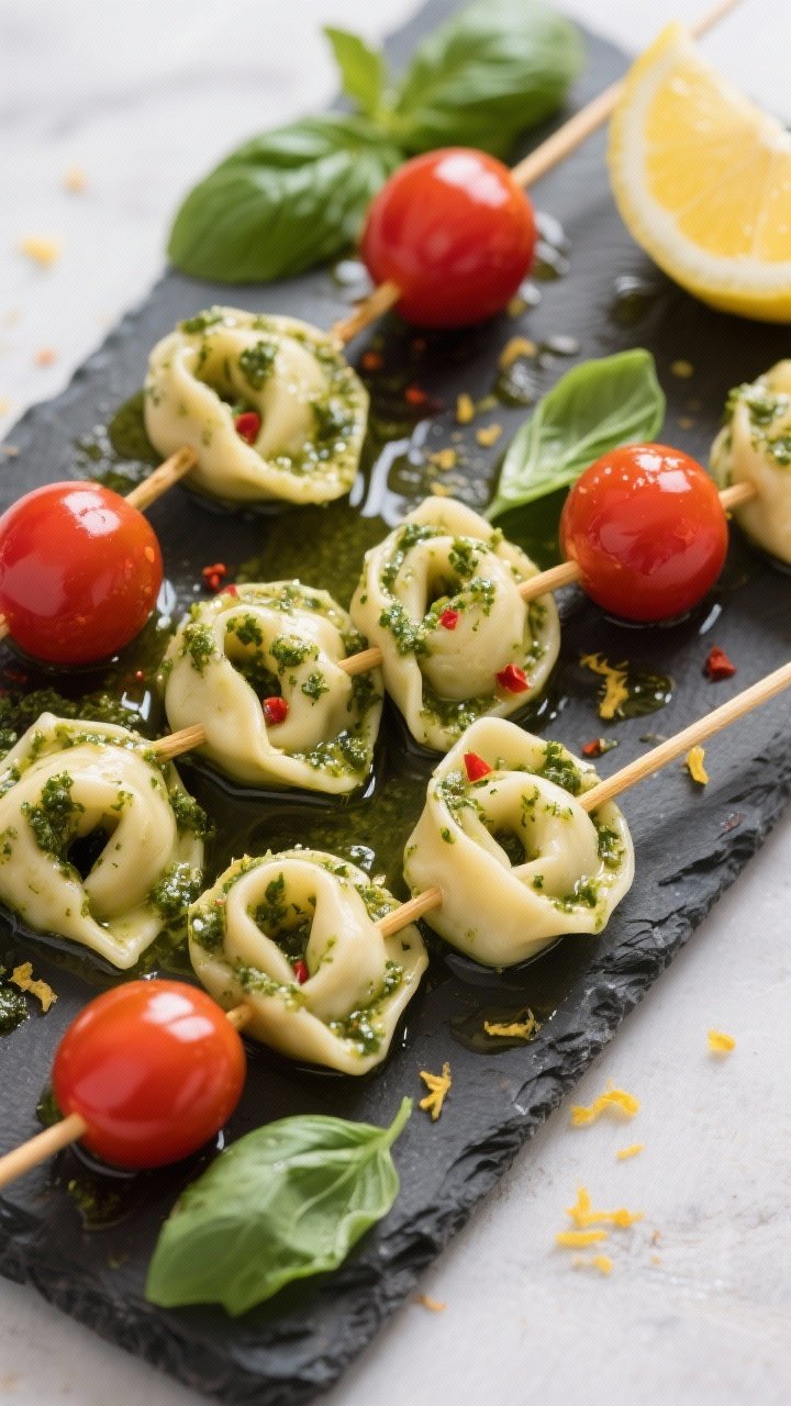 An overhead platter of herbed pesto tortellini skewers: cheese tortellini tossed in basil pesto, lemon juice, olive oil, and a touch of red pepper flakes, threaded alternately with glossy cherry tomatoes on bamboo picks; scattered basil leaves and lemon zest, light olive oil sheen, placed on a slate board for contrast.