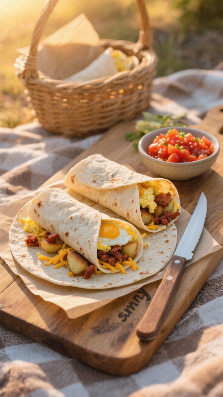 An overhead shot at golden sunrise of breakfast burritos being assembled on a rustic picnic board: warm 10-inch flour tortillas filled with soft-scrambled eggs, shredded cheddar or pepper jack, cooked breakfast potatoes, and crumbled chorizo, with a small bowl of bright “sunny” tomato salsa on the side; include a knife, folded parchment, and a woven basket backdrop for a to-go picnic vibe, natural morning light, no people.