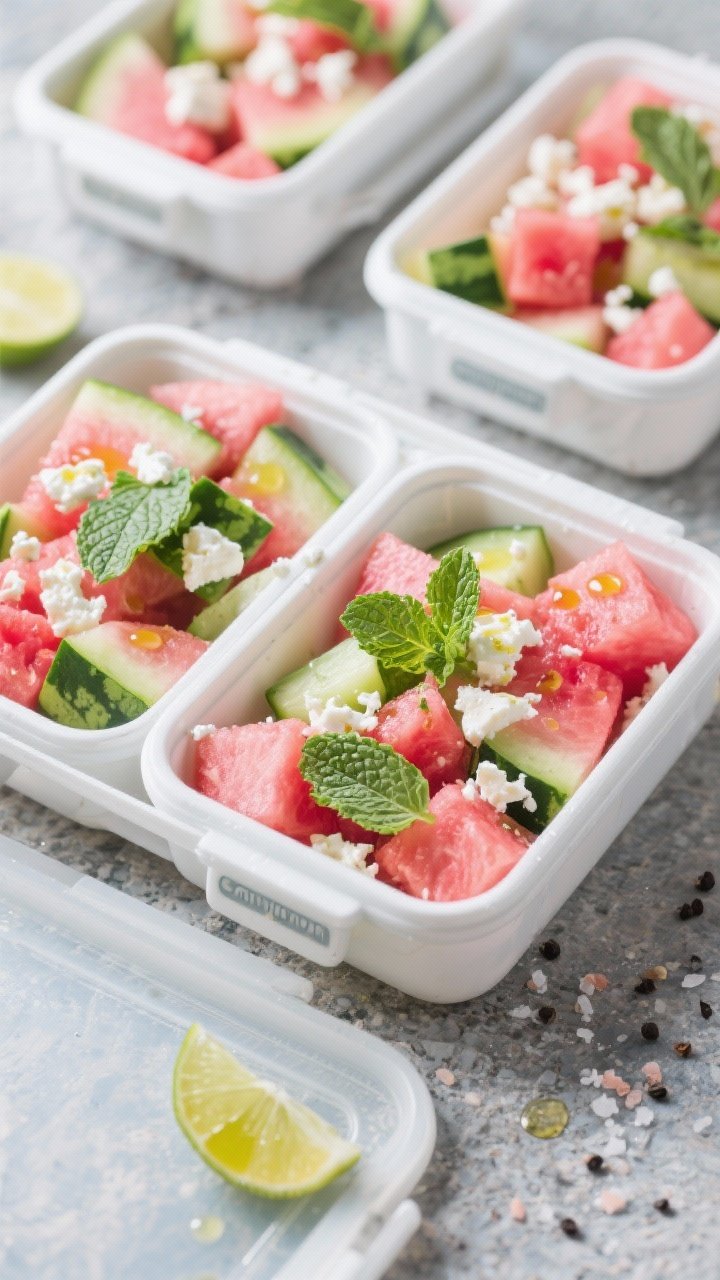 An overhead shot of canyon cooler boxes: neat meal-prep containers with cubed seedless watermelon and cucumber, crumbled feta, fresh chopped mint sprinkled over; a light drizzle of olive oil and lime juice visible as tiny droplets; pinch of salt and black pepper; icy, refreshing palette of pink, green, and white on a cool stone surface.
