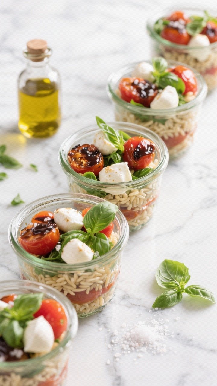 An overhead shot of Caprese orzo jar salads lined up: glass mason jars layered with al dente orzo, balsamic-roasted cherry tomatoes (tossed with olive oil, balsamic vinegar, kosher salt), fresh mozzarella pearls, and torn fresh basil; a small bottle of extra olive oil nearby, scattered basil leaves and a pinch of salt on a cool marble surface, bright Italian colors and clean styling.