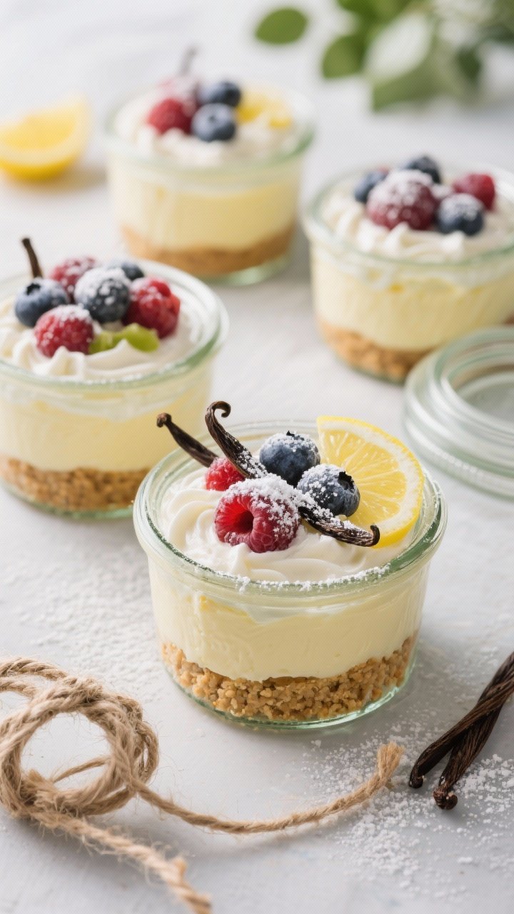 An overhead shot of no-bake berry lemon cheesecake jars: layered dessert in glass jars with graham cracker crumb base (butter and sugar), silky lemon-zested cream cheese filling lightened with whipped cold heavy cream, topped with mixed fresh berries; powdered sugar dusting, vanilla bean specks visible, lids and twine nearby for picnic transport.