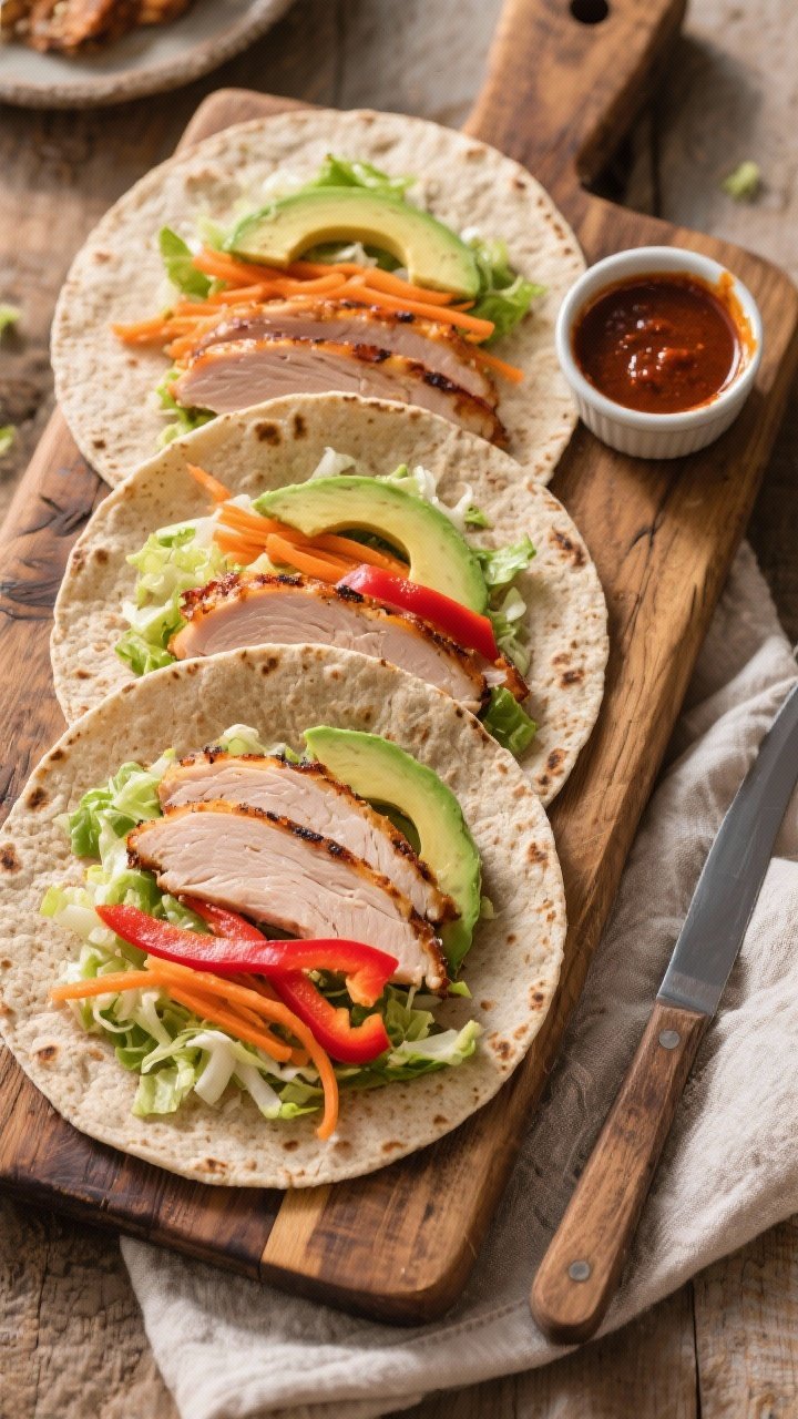 An overhead shot of smoky chipotle turkey wraps being assembled on a rustic wooden board: whole-wheat tortillas laid out with layers of sliced roasted turkey breast, finely shredded green cabbage, shredded carrots, thin red bell pepper strips, and fanned avocado slices; a small ramekin of chipotle sauce ready for drizzling; warm canyon daylight, crisp textures, no hands, clean knife and linen nearby.