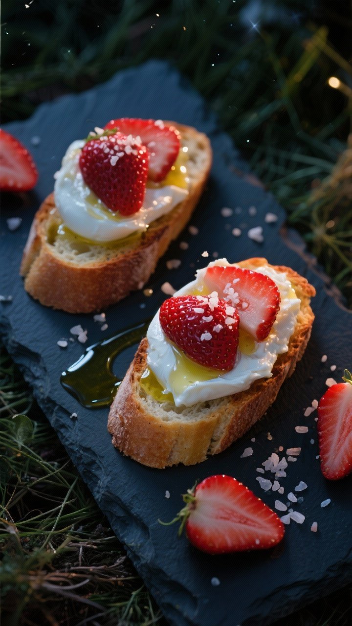 An overhead shot of Starlit Strawberry Burrata Crostini on a dark slate board: toasted 1/2-inch baguette rounds brushed with extra-virgin olive oil and sprinkled with flaky sea salt, topped with creamy burrata and glossy sliced strawberries macerated with a touch of sugar; a drizzle of olive oil catches moonlight-like highlights, scattered strawberry slices and sea salt crystals around, moody picnic-night ambiance, crisp textures and vibrant red against rustic slate.