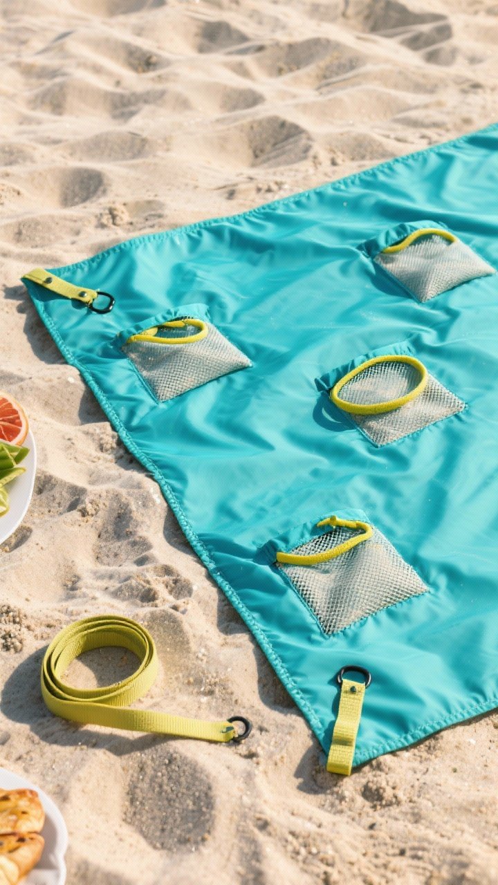 Beachy overhead scene for “Sand-Resistant Beach Picnic Blanket With Corner Anchors”: quick-dry polyester/parachute nylon in a bright coastal color spread on sand, with mesh fabric sand pockets (1/2 yard cut into small pouches) and four elastic/webbing corner loops (5 inches each); fold-over elastic/hem tape coiled nearby, minimal props, wind-swept texture.