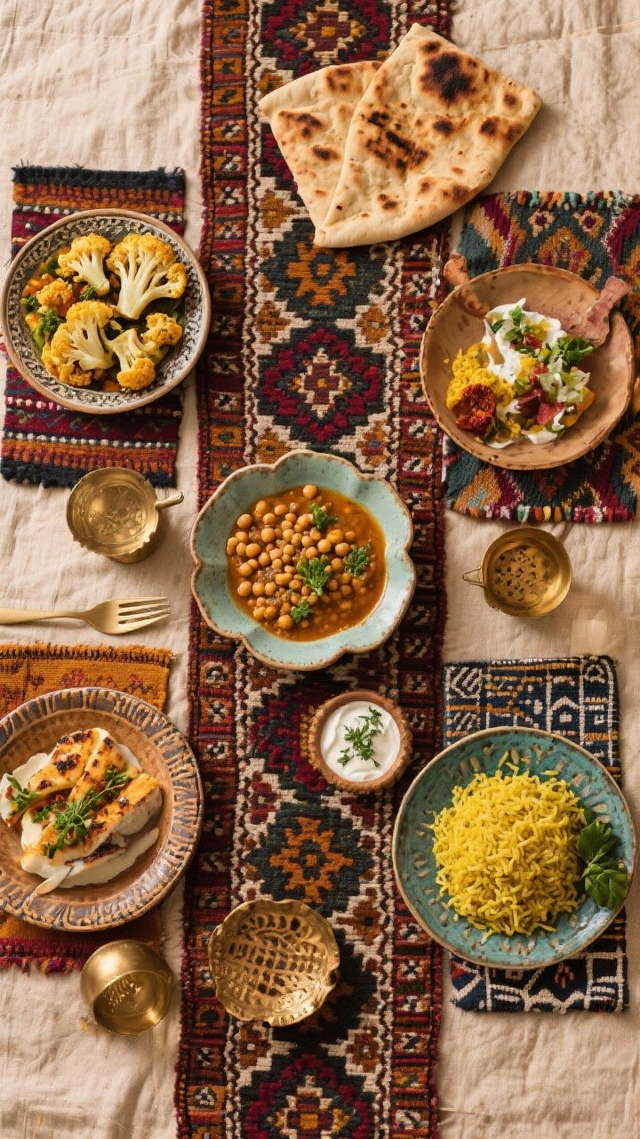 Boho eclectic flat lay: neutral camel/oatmeal linen base cloth with a kilim/suzani runner of bold motifs, mismatched fabric placemats (block print, ikat, mud cloth within 3–4 cohesive colors); global feast—spiced roasted cauliflower, turmeric rice, chickpea stew, herbed yogurt, and charred flatbreads; layered ceramics and brass accents; warm, travel-inspired mood with rich pattern interplay.
