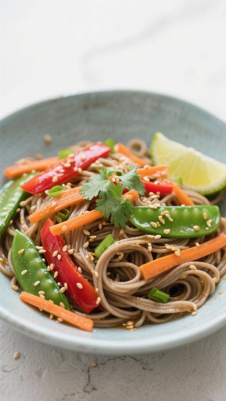 Clean overhead noodle bowl: Chilled Sesame Soba with Crunchy Veg—tangles of soba noodles tossed with julienned carrots, thinly sliced red bell pepper, halved snap peas, and sliced green onions; sprinkled with toasted sesame seeds and optional chopped cilantro; ginger-lime dressing lightly coating the noodles, lime wedge on the rim, cool-toned ceramics for a refreshing vibe.