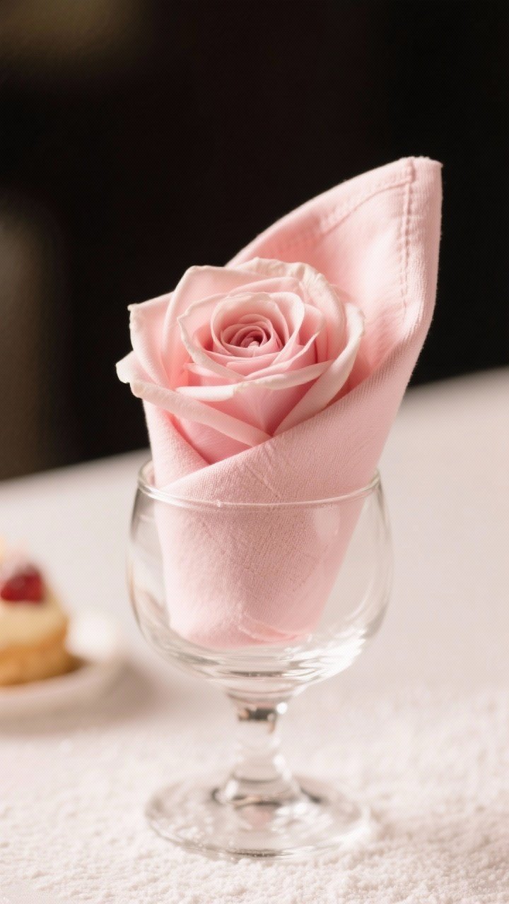 Close-up, 45-degree angle of a Rose Bloom napkin fold in blush-pink soft cotton, nestled in a low clear wine glass for display; petals spiraling tightly with soft fabric texture visible; set on a clean surface with delicate dessert vibes—subtle powdered sugar dusting on the table for mood, warm highlights for a sweet, romantic feel.