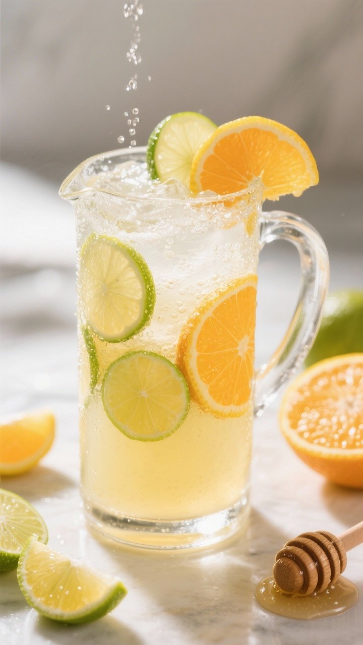 Close-up, 45-degree angle of a sparkling citrus cooler in a tall clear pitcher with condensation: pale golden drink made from freshly squeezed lemon, orange, and lime juices, lightly sweetened with honey; topped with chilled sparkling water and ice; garnished with floating lemon, lime, and orange wheels; a few extra citrus slices and a honey dipper nearby; bright, refreshing mood.