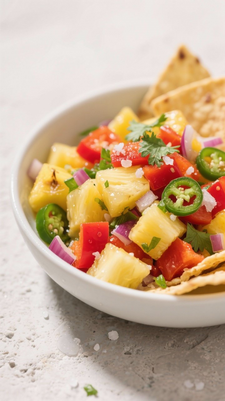 Close-up, 45-degree angle of a vibrant pineapple-mango salsa in a shallow white bowl: juicy diced ripe pineapple and mango, red bell pepper, finely chopped red onion, and minced jalapeño, speckled with chopped fresh cilantro; condensation on the fruit, sea-salt flakes visible, tortilla chips edging the frame on a light stone surface.