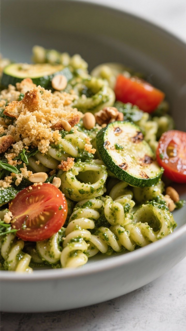 Close-up 45-degree angle of herb-loaded pesto pasta tossed with toasted breadcrumbs: short pasta (fusilli or orecchiette) glossy with vibrant green pesto, crowned with crunchy golden breadcrumbs made from stale bread, toasted pine nuts or walnuts, juicy halved cherry tomatoes, and tender roasted zucchini coins; shallow depth of field to capture textures and sheen, in a wide, matte bowl.