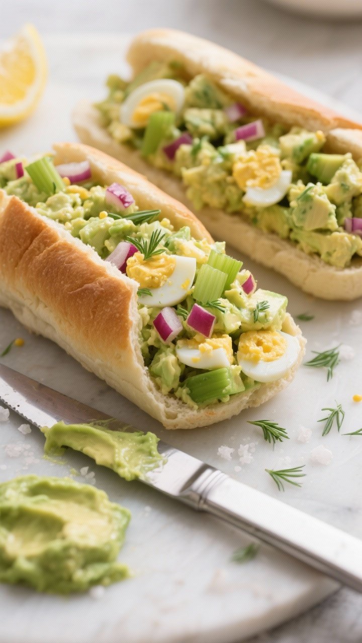 Close-up 45-degree angle of no-mayo avocado egg salad rolls: soft rolls split and filled with chunky mixture of chopped hard-boiled eggs and ripe avocados, flecked with lemon juice, Dijon mustard, finely chopped red onion, finely diced celery, dill or chives, and a pinch of salt; creamy green and yellow texture with crunchy celery contrast, clean knife with avocado smear beside.