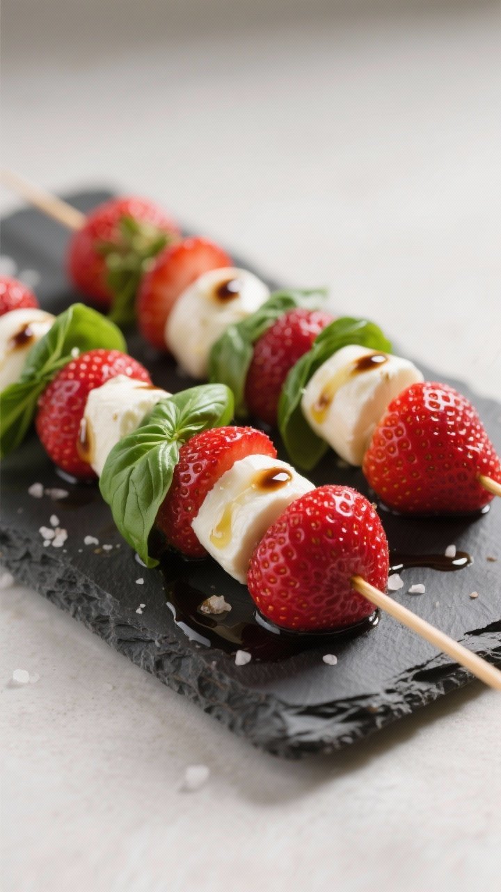 Close-up, 45-degree angle of strawberry basil caprese skewers arranged on a slate platter: hulled strawberries alternated with ciliegine mozzarella and fresh basil leaves, lightly glossed with extra-virgin olive oil and a precise drizzle of balsamic glaze; tiny pinch of sea salt visible on berries; vibrant reds, whites, and greens against a neutral background for pop.