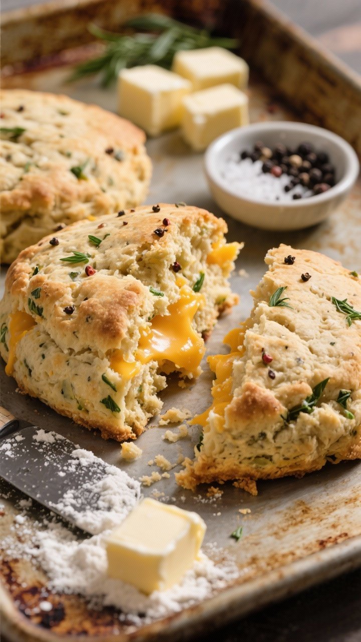 Close-up 45-degree shot of cheddar and herb scones just torn apart to show crumb: craggy tops, pepper-flecked, with melted sharp cheddar pockets and visible green herb bits; a bench scraper dusted with flour, butter cubes, and a little bowl of black pepper and kosher salt in the background; warm, bakery-like mood on a worn baking sheet.