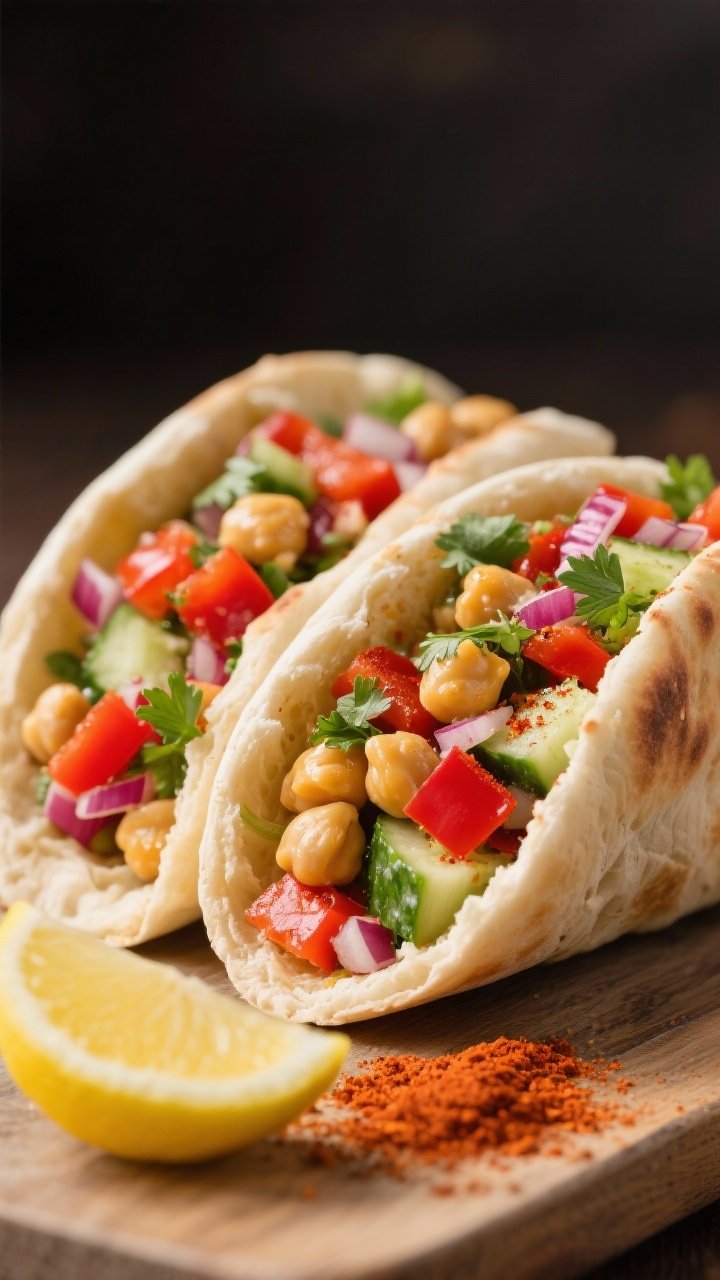 Close-up 45-degree shot of Granite Ledge Smoky Chickpea Salad Pitas: halved pitas stuffed with chickpeas, diced red bell pepper, cucumber, finely chopped red onion, chopped parsley, and a visible dusting of smoked paprika; a lemon wedge and extra paprika pinch on the board, soft pita texture contrasted with crisp veg.