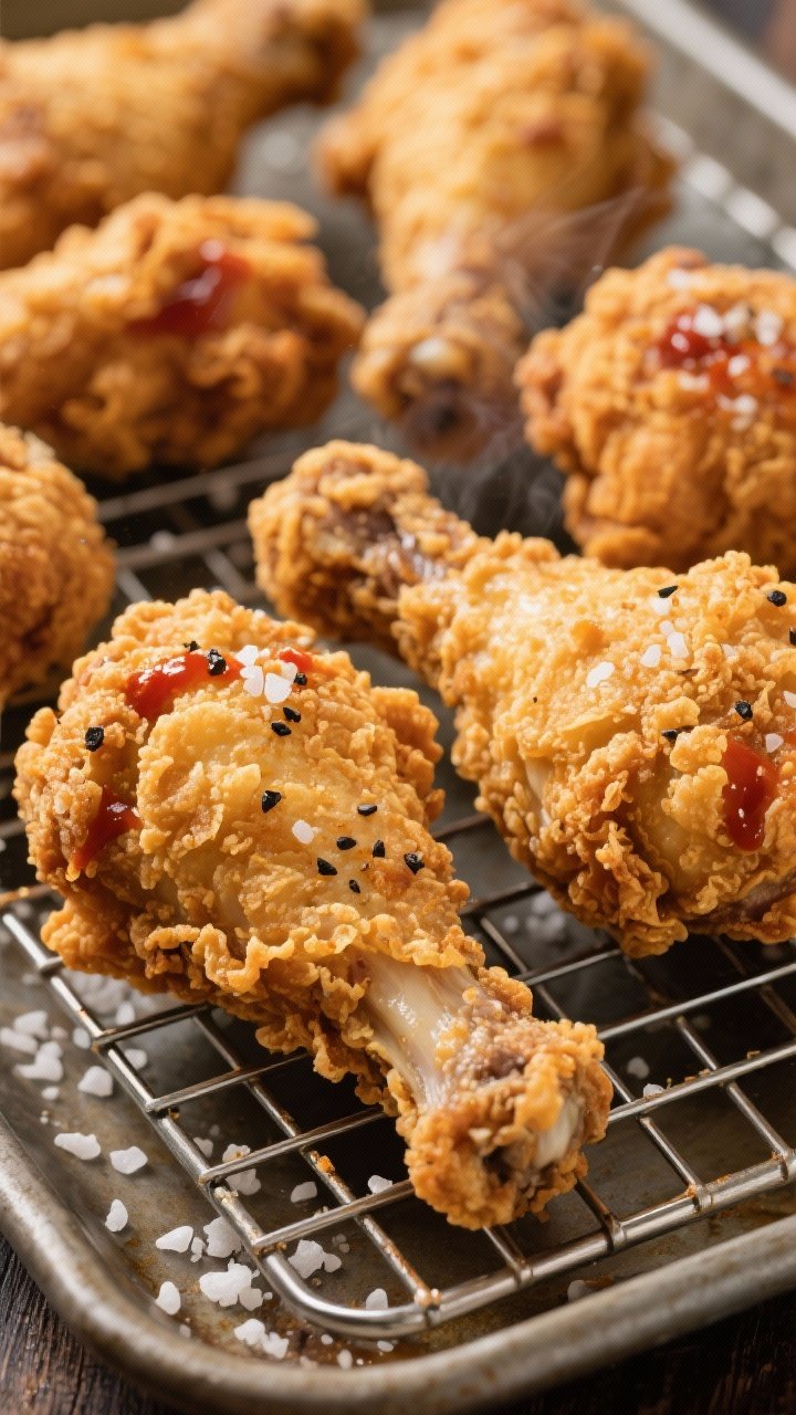 Close-up action shot of perfect picnic fried chicken: drumsticks and thighs with deeply craggy, golden crust from a flour and cornstarch dredge, seasoned with salt and black pepper after a buttermilk and hot sauce soak; visible juiciness at a bite edge, subtle steam; pieces resting on a cooling rack over a sheet pan with a sprinkle of flaky salt; warm, contrasty lighting to emphasize crunch.