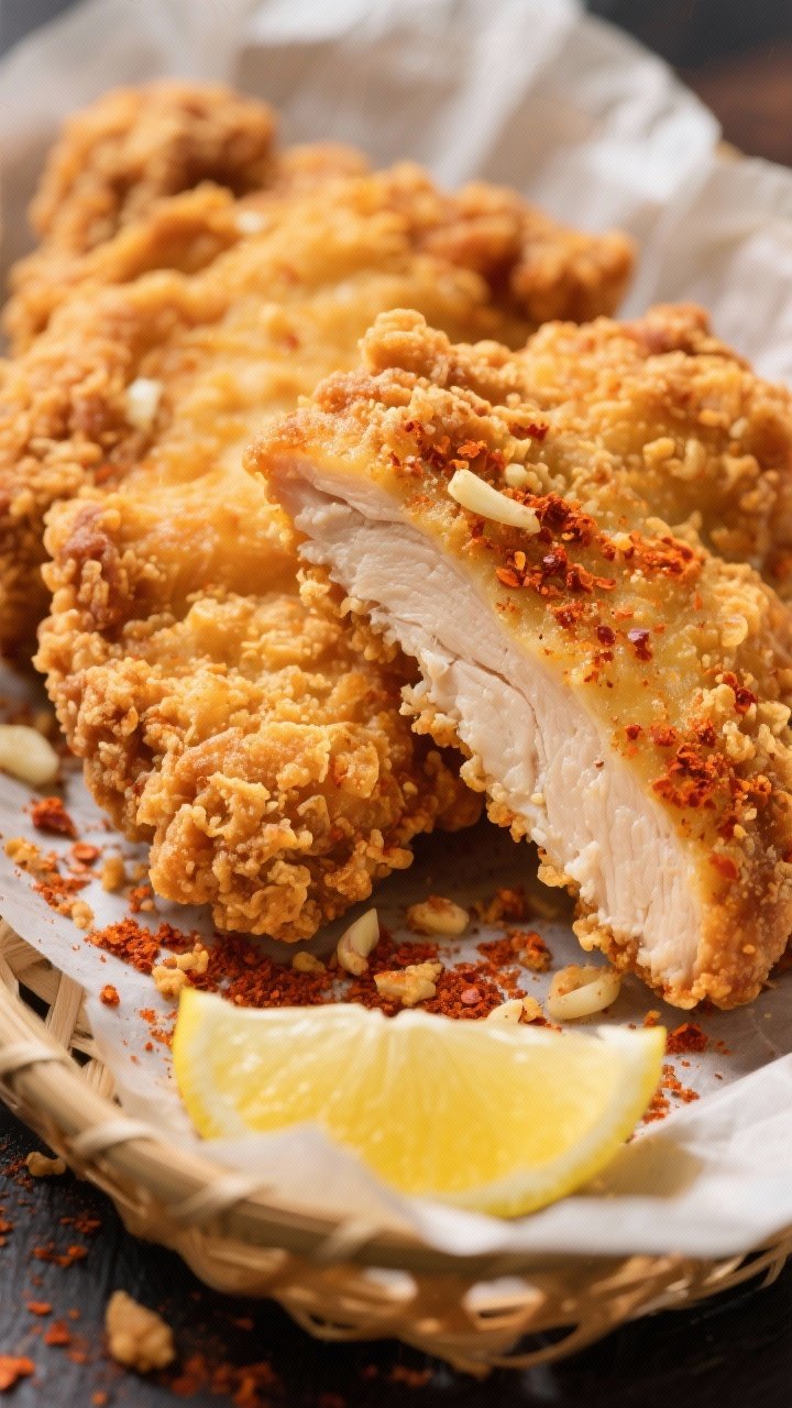 Close-up action shot of smoky paprika fried chicken cutlets: golden, craggy crust with visible paprika tint, showing a juicy bite revealing tender meat. Breadcrumb and flour coating speckled with smoked paprika and garlic, hint of buttermilk-hot sauce marinade. Serve in a parchment-lined basket with lemon wedge, a dusting of paprika, and crunchy crumbs; shallow depth of field, warm tones.