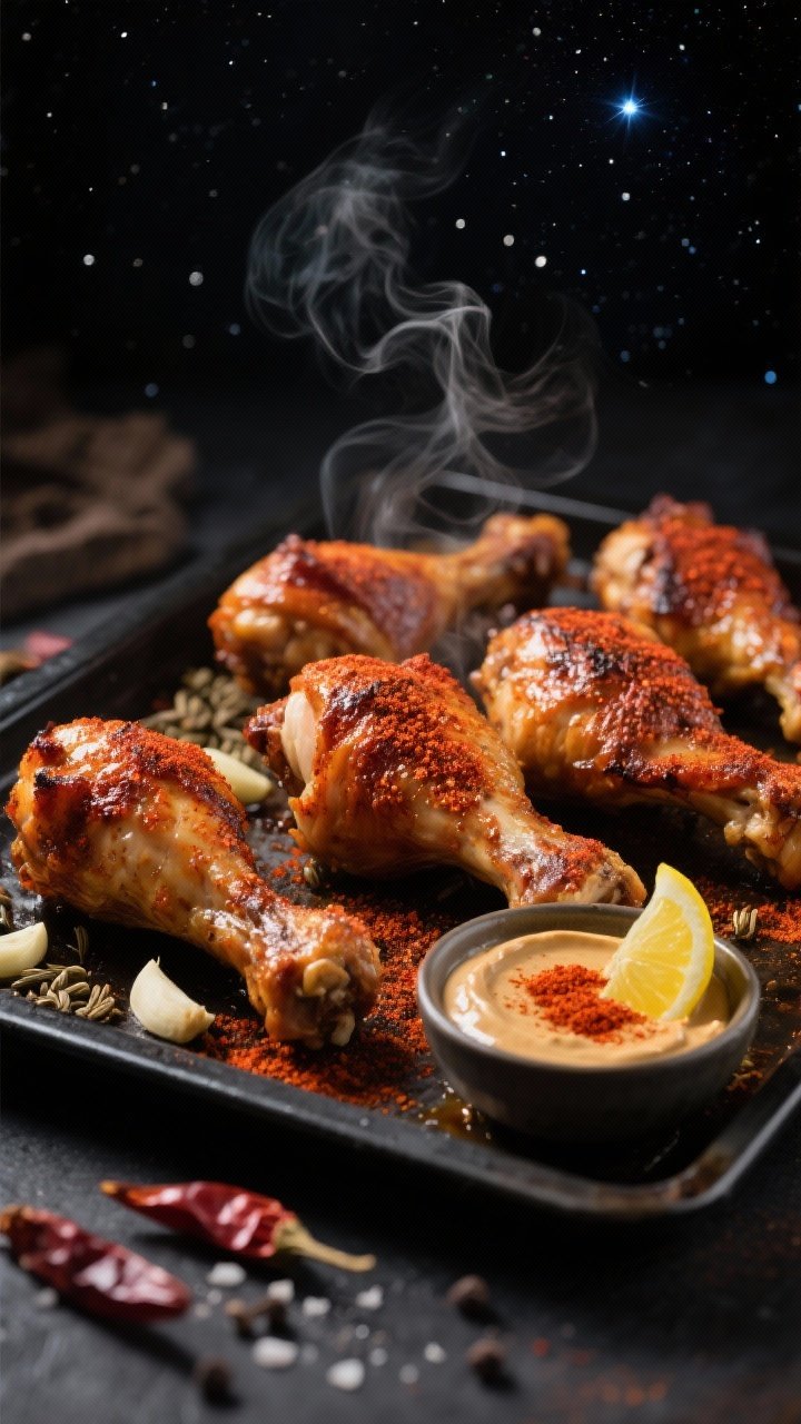 Close-up action shot: smoky paprika roast chicken drumettes on a dark baking tray, skin lacquered and crisp with a spice rub of smoked paprika, cumin, garlic and onion powder, chili powder, salt, and black pepper; a small bowl of lemon–tahini dip with a lemon wedge and paprika dusting; a few wisps of steam visible, moody stargazing-night lighting.
