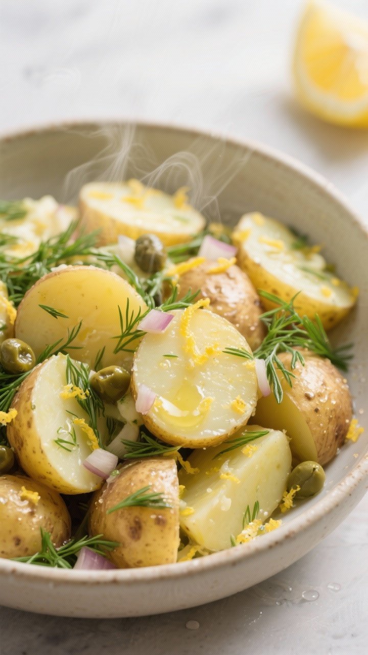 Close-up bowl shot of lemon-dill potato salad without mayo: halved Yukon Golds glistening with extra-virgin olive oil, speckled with lemon zest, Dijon, minced shallot, capers, and generous fresh dill; steam gently rising, micro droplets of dressing, bright and creamy-looking despite no mayo, neutral ceramic bowl for color pop.