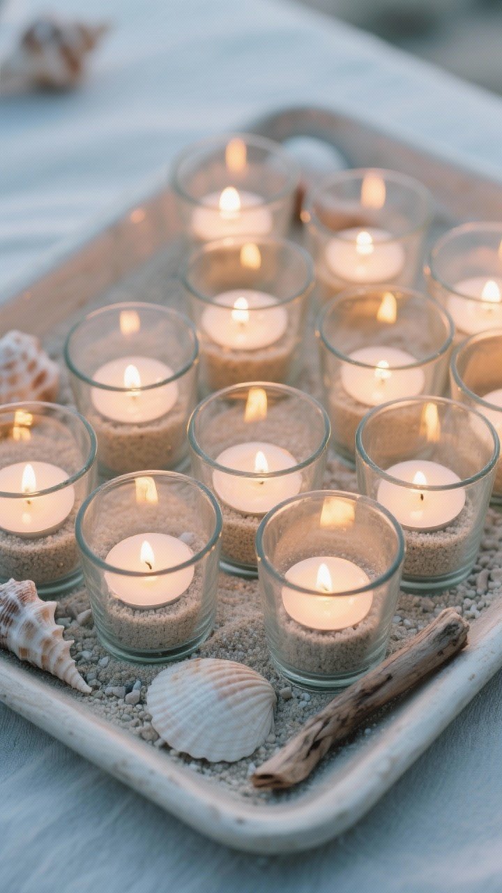 Close-up coastal mood shot: 10–14 glass votive holders partially filled with clean sand (or fine gravel), each cradling a votive candle or LED votive; a shallow tray frames the cluster, accented with a few seashells and tiny driftwood pieces; windproof, steady flames with soft reflections on glass, cool sandy textures contrasted with warm candlelight.