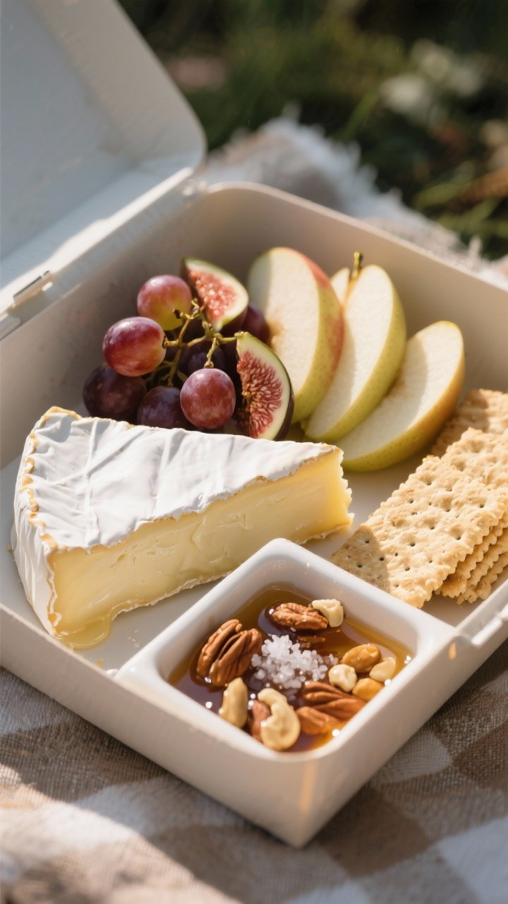Close-up dessert box, minimal and elegant: a wedge of soft brie (or camembert) with a thin oozing edge, clusters of seedless grapes (or sliced figs), crisp apple or pear slices fanned out, a small compartment of mixed nuts glossed with honey, finished with a pinch of flaky salt. Add a few crackers to one side. Natural afternoon light, subtle reflections on honey, creamy rind texture emphasized for an indulgent picnic finish.