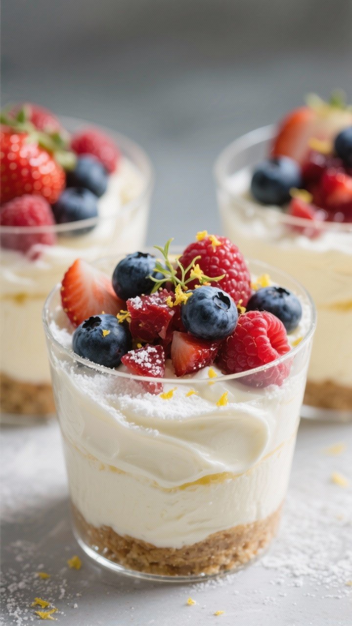 Close-up dessert cups: no-bake meadow berry cheesecake layered in clear glasses—silky cream cheese and Greek yogurt mixture with powdered sugar, vanilla, and lemon zest swirled smooth; topped generously with mixed berries (strawberries, blueberries, raspberries), some chopped; a faint glossy sheen on the fruit and micro-zest on top; cool, creamy textures emphasized with soft, natural light.