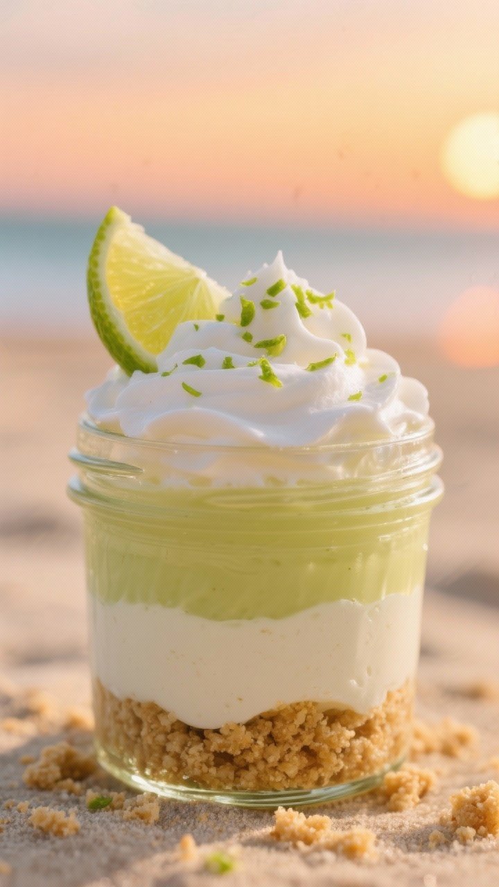 Close-up dessert jar shot: layered key lime pie jars with buttery graham cracker crumb (graham crumbs, melted butter, sugar) base, silky sweetened condensed milk-lime filling infused with lime zest, topped with a pillowy whipped cream layer; lime zest sprinkle and a thin lime wheel garnish, sunset-hued backdrop for beachy mood.
