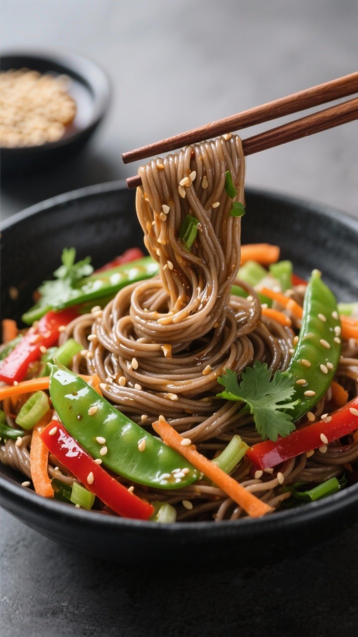 Close-up detail shot of sesame-soy soba noodle salad twisted lightly in chopsticks above a matte black bowl: buckwheat soba strands glossy with sesame-soy dressing, dotted with sliced snap peas on a bias, shredded carrots, thin red bell pepper strips, sliced green onions, chopped cilantro, and toasted sesame seeds; background softly blurred with a small dish of sesame seeds and soy sauce; modern Asian-inspired styling, no people.