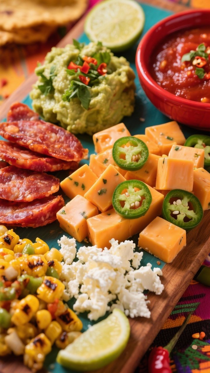 Close-up, dynamic fiesta board with bold colors: pepper jack cubes showing jalapeño flecks, crumbled queso fresco, slices of chorizo, a chunky limey guacamole with visible cilantro, a vivid red salsa, and a bright corn salsa with char marks; warm, saturated tones, slight chili flakes and lime wedges as accents, energetic composition.