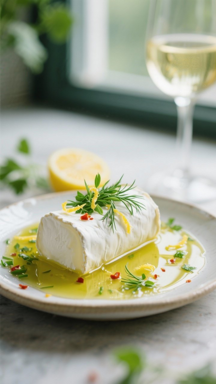 Close-up ingredient prep: fresh goat cheese log (chèvre) on a small plate being bathed in vibrant herb oil—extra-virgin olive oil infused with lemon zest, finely chopped parsley, chives, and dill, with a light sprinkle of chili flakes; shot focuses on the glistening oil pooling and tiny citrus zest threads, spring-green color palette, soft window light, minimal ceramics, Sauvignon Blanc glass blurred in the background.