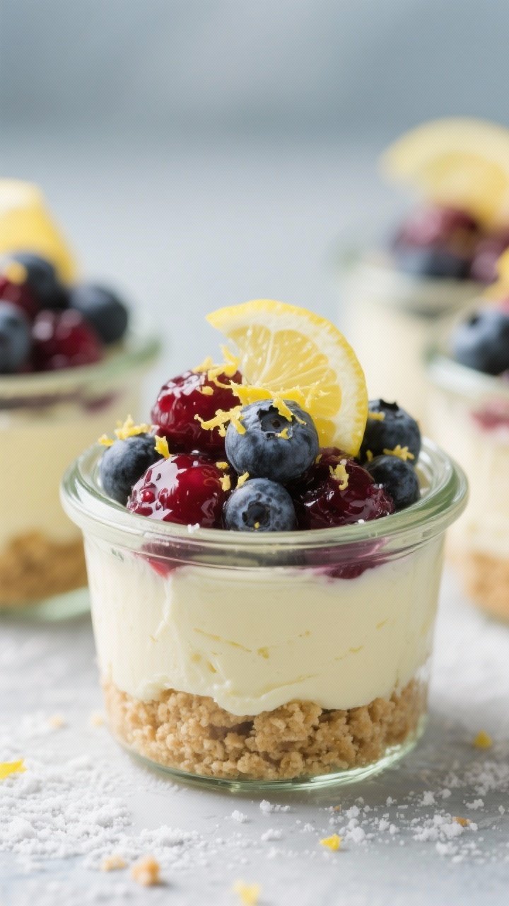 Close-up jar shot of No-Bake Lemon Cheesecake Berry Jars; glass jars layered with crushed graham cracker/shortbread crumb base, velvety lemon cheesecake filling (cream cheese, heavy cream, powdered sugar, vanilla, lemon zest and juice), and a glossy mixed berry topping; microplaned lemon zest on top; cool-toned background, soft highlights emphasizing creaminess.