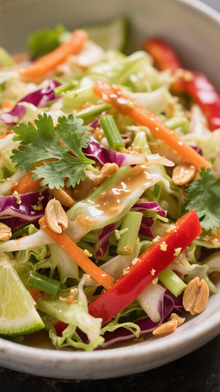 Close-up macro of crunchy Thai-inspired slaw in a wide bowl: shreds of green and red cabbage, ribbons of carrot, thin red bell pepper strips, scallions, and cilantro leaves, all slicked with a glossy peanut-lime dressing clinging to the veg; visible crushed peanuts and lime zest flecks; saturated colors and crisp textures, shallow depth of field highlighting the dressing sheen.