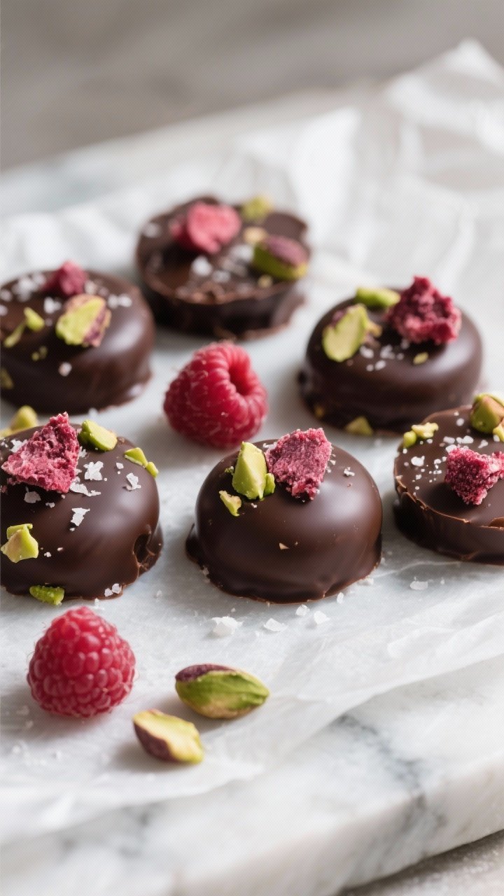 Close-up macro of dark chocolate berry bites: glossy 70% dark chocolate rounds studded with lightly crushed freeze-dried raspberries, chopped pistachios, and a pinch of flaky sea salt; subtle coconut oil sheen; arranged on parchment over a cool marble slab; rich textures and pop of magenta berries and green pistachios, soft window light.