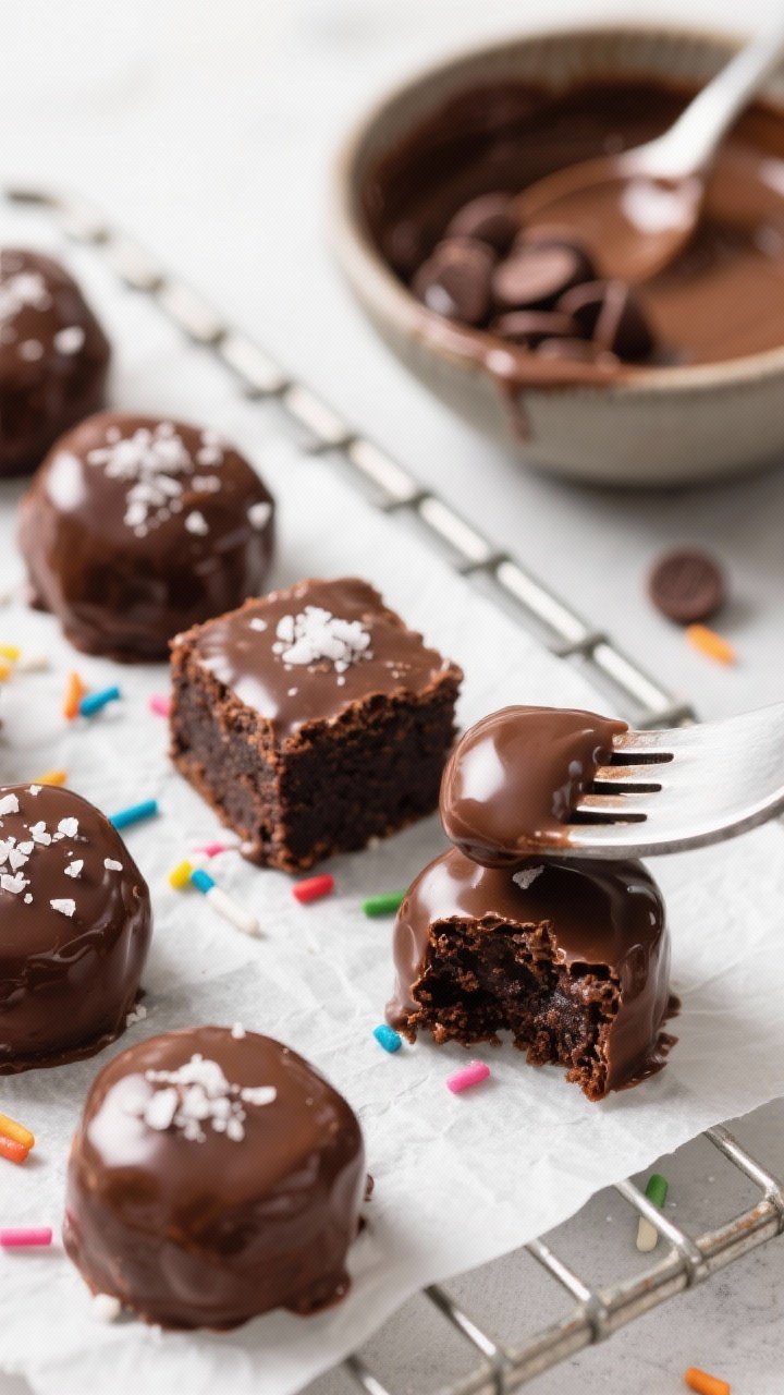 Close-up macro of make-ahead brownie bites: glossy, set salted chocolate shell coating bite-size brownies, a few with a clean bite revealing fudgy center. Flaky sea salt crystals and optional rainbow sprinkles on select pieces. Cooling rack with parchment underneath, a small bowl of melted chocolate (chocolate chips with coconut oil) and a dipping fork nearby, showing the coating process.