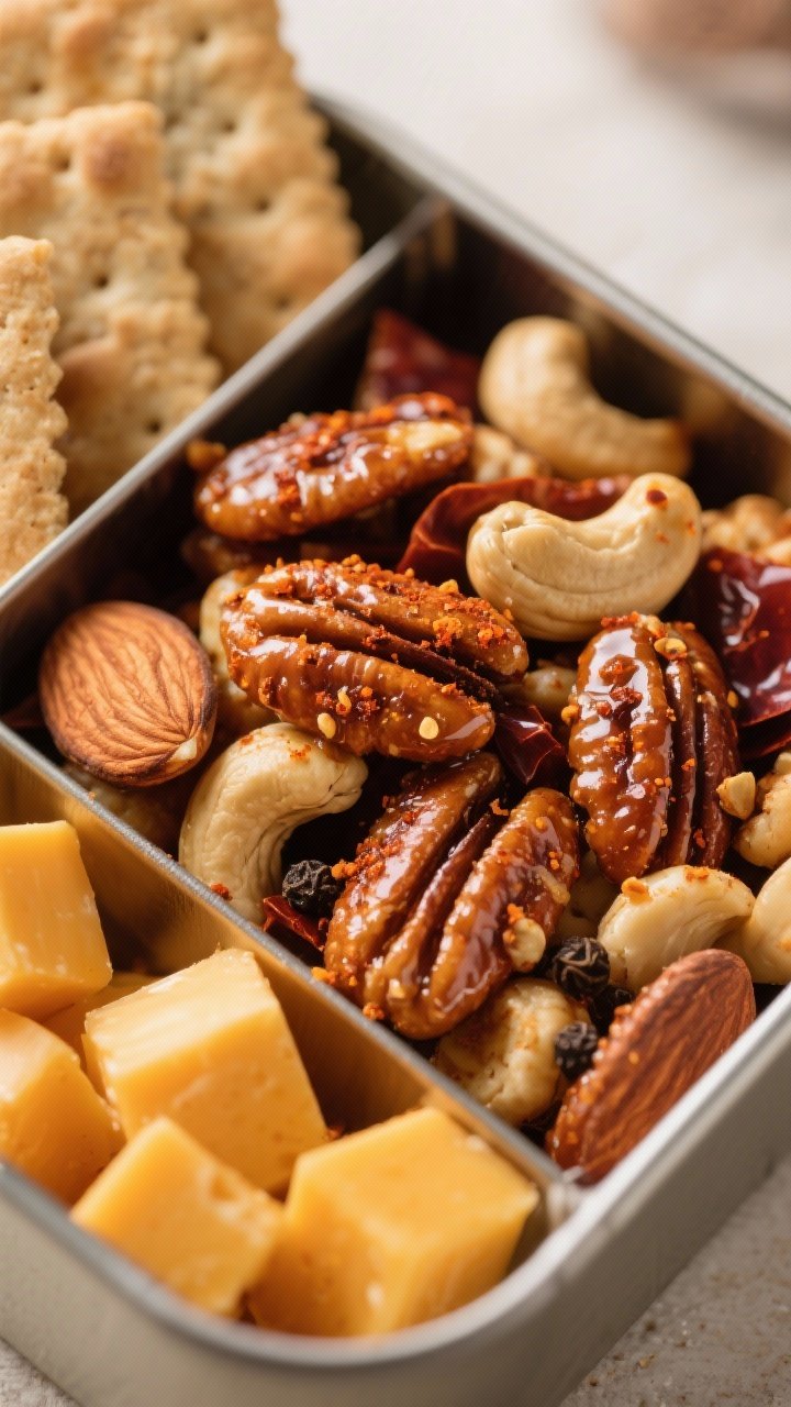 Close-up macro of maple-chili roasted nuts and cheddar snack box: glossy mixed nuts (almonds, cashews, pecans) coated in maple syrup, chili powder, a hint of cayenne, salt, and black pepper, nestled beside sharp cheddar cubes and a few rustic crackers in a compartmentalized tin; caramelized edges and spice flecks clearly visible, warm amber tones.