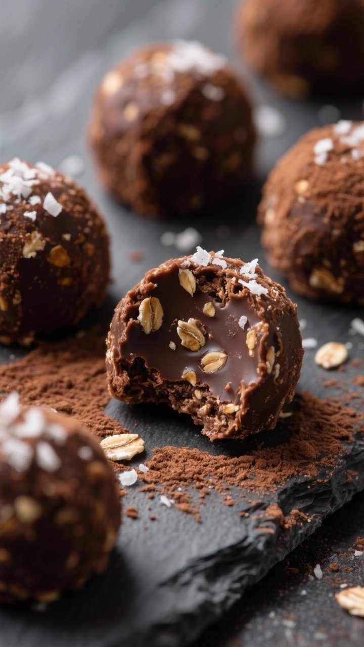 Close-up macro of no-bake dark chocolate tahini bites: round, slightly rustic truffles rolled from oats, almond flour, shredded coconut, tahini, maple syrup, cocoa powder, vanilla, and a pinch of salt; dusted lightly with cocoa, topped with flaky sea salt crystals; a bite taken from one shows fudgy interior with oat flecks; arranged on a dark slate.