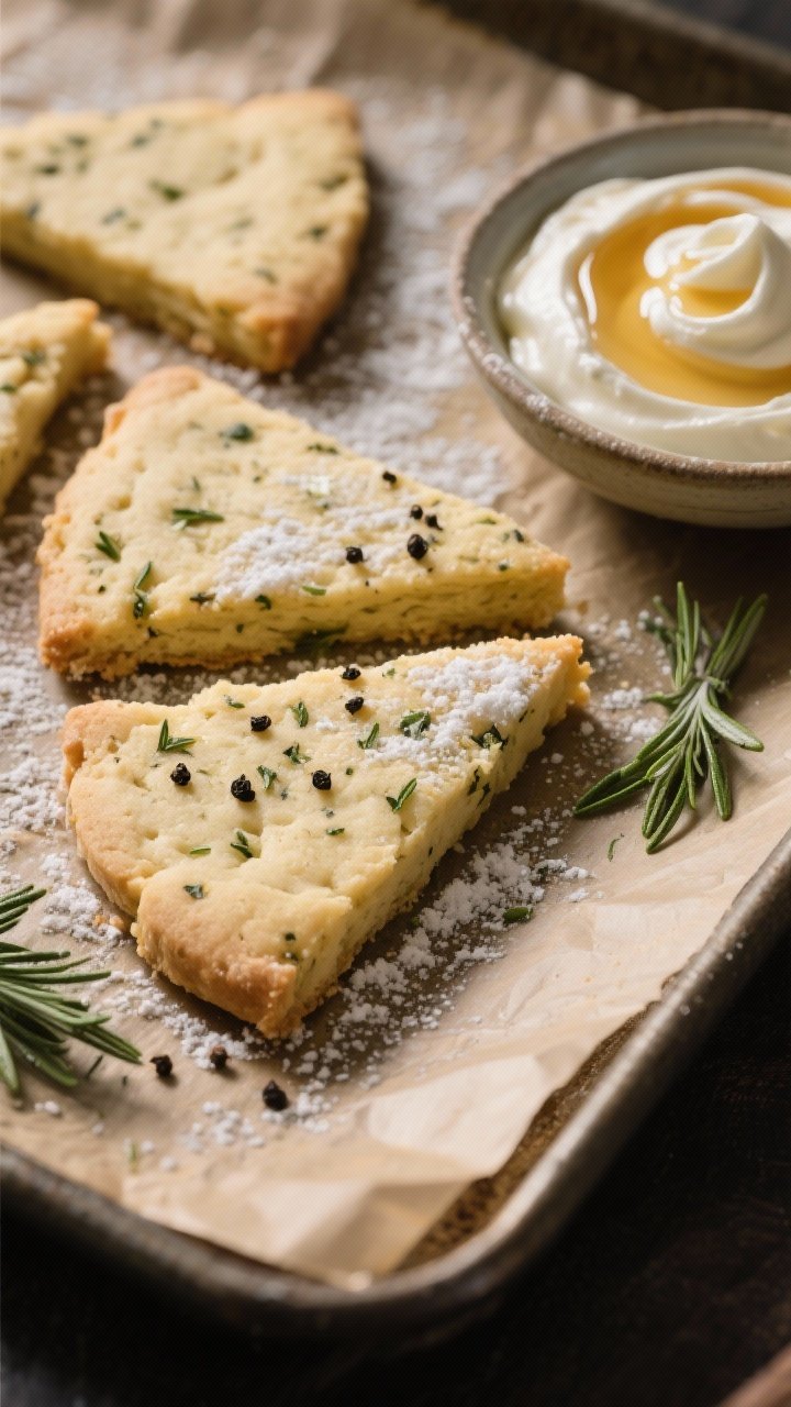 Close-up macro of Rosemary-Black Pepper Shortbread wedges on a parchment-lined baking sheet; visible flecks of finely chopped fresh rosemary and freshly cracked black pepper throughout the buttery crumb; light dusting of powdered sugar; a side bowl of whipped honey ricotta with a soft swirl and honey drizzles; warm, moody light emphasizing shortbread texture.