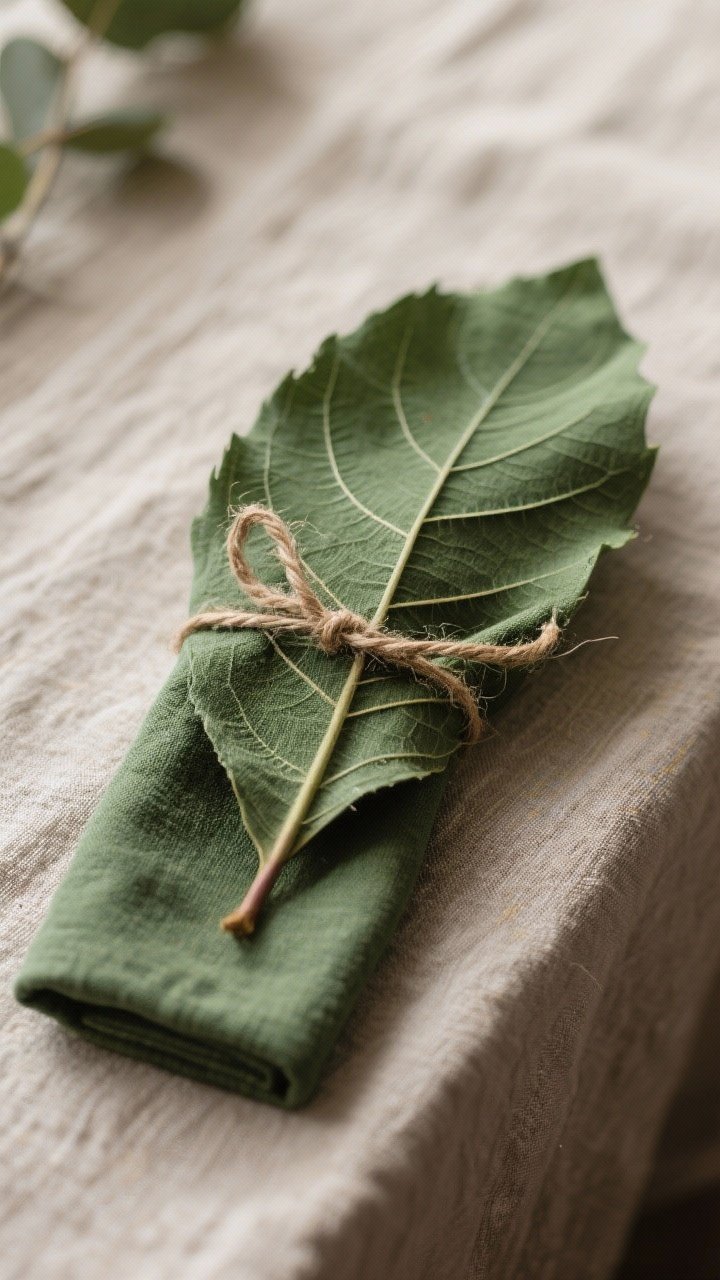 Close-up macro shot of a Leaf Fold napkin in forest-green cotton, crisp veins formed by precise creases; a thin twine “stem” tied at the base; placed on a neutral linen runner for farm-to-table energy, natural daylight emphasizing texture and earthy tones.
