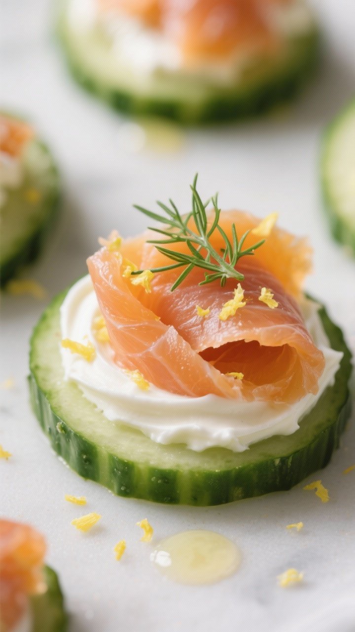 Close-up macro shot of smoked salmon cucumber rounds: thick cucumber slices topped with a swirl of cream cheese blended with Greek yogurt, ribbons of smoked salmon folded on top, micro dill and lemon zest sprinkled, tiny puddles of lemony sheen; crisp, cool, and luxurious.