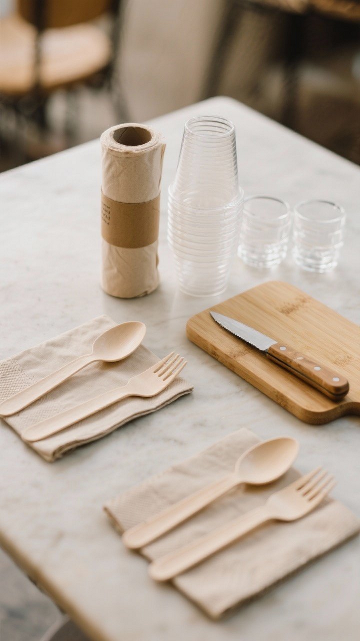 Close-up, neatly styled kit shot: a roll of compostable or cloth napkins, reusable cutlery sets laid out per person plus two extra sets, a stack of clear, nestable cups (guest count + 3), a compact cutting board with a small utility knife sheathed; clean lines, soft side lighting, subtle textures of bamboo and recycled materials, ready-for-service vibe.