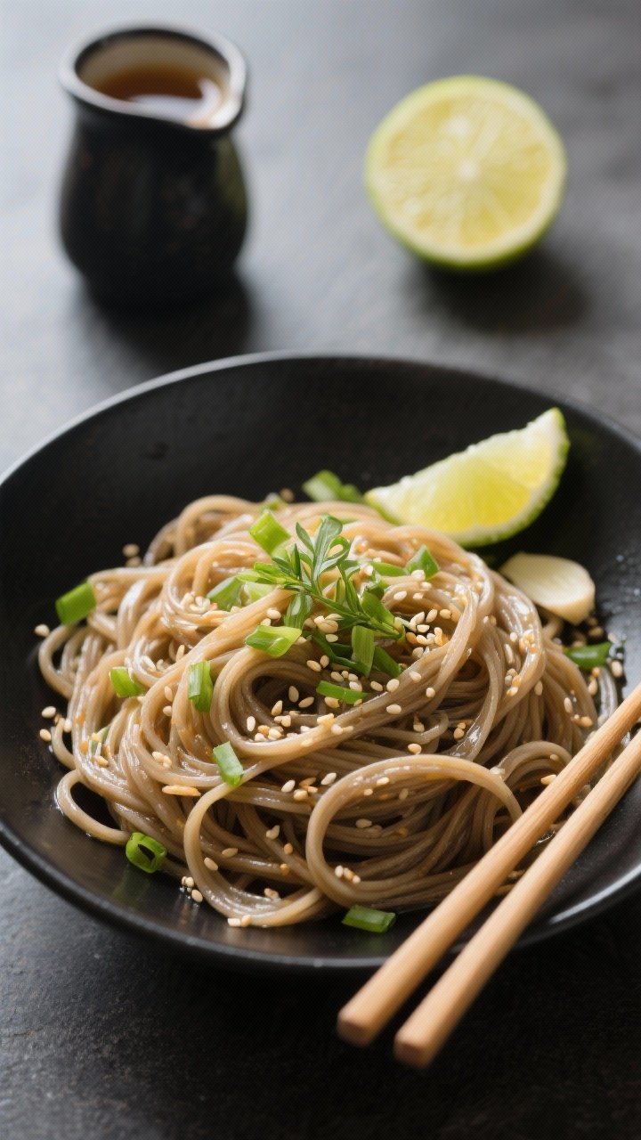 Close-up noodle tangle of cold sesame soba in a shallow black bowl, strands lightly glossy with sesame oil, soy/tamari, rice vinegar, lime juice, honey, grated ginger, and garlic; garnished with scallions and sesame seeds, micro steam absent to emphasize chilled nature; chopsticks resting on the rim, lime half and a small pitcher of dressing in the background.
