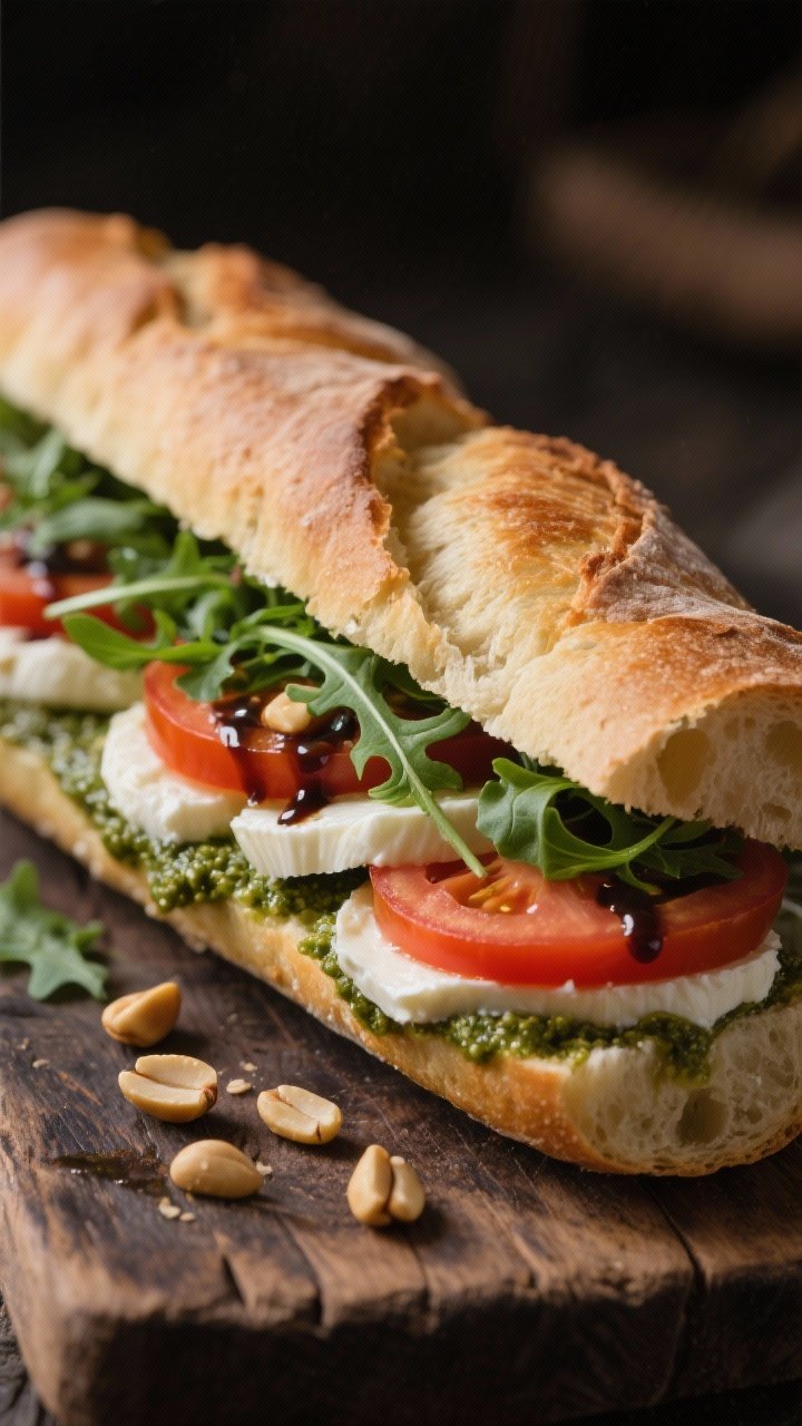 Close-up of a Caprese baguette cross-section on a rustic board: crusty baguette stuffed with layers of fresh mozzarella, ripe tomato slices, a generous swipe of basil pesto, peppery arugula, threads of balsamic glaze, and a sprinkle of toasted pine nuts adding crunch; juicy tomato sheen, bread crumb texture, moody side lighting.