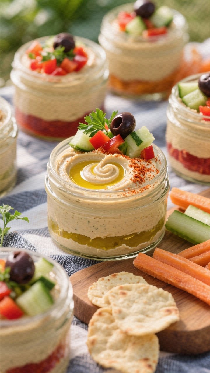 Close-up of a layered hummus board in a jar: classic hummus swirled with an olive oil puddle and dusted with smoked paprika, topped with tidy layers of diced cucumbers, diced red bell pepper, chopped kalamata olives, and parsley; multiple jars arranged on a picnic cloth with pita chips and veggie sticks nearby, creamy-smooth meets crisp-chopped textures.