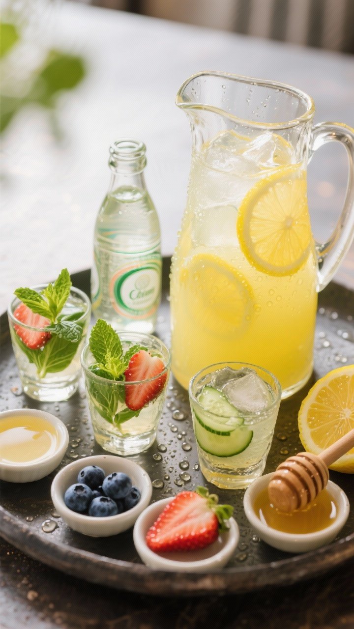 Close-up of a Lemonade Taste Test flight: a classic lemonade in a clear pitcher with ice, a small bottle of sparkling water, and 4–5 short glasses each infused differently—mint, basil, sliced strawberries, blueberries, cucumber—plus tiny dishes of simple syrup and honey. Beads of condensation, bright yellow tones, sparkling highlights, citrus slices visible.