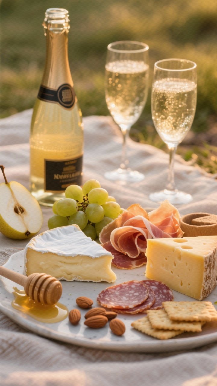 Close-up of a refined cheese-and-bubbles picnic: a soft brie wedge oozing slightly next to an aged manchego/cheddar wedge, ribbons of prosciutto and salami, chilled seedless grapes, thinly sliced pear or apple fanned out, honey drizzler, handful of almonds, crisp crackers; chilled sparkling beverage bottle and two flutes in frame (no hands), soft golden light, elegant date-night styling.