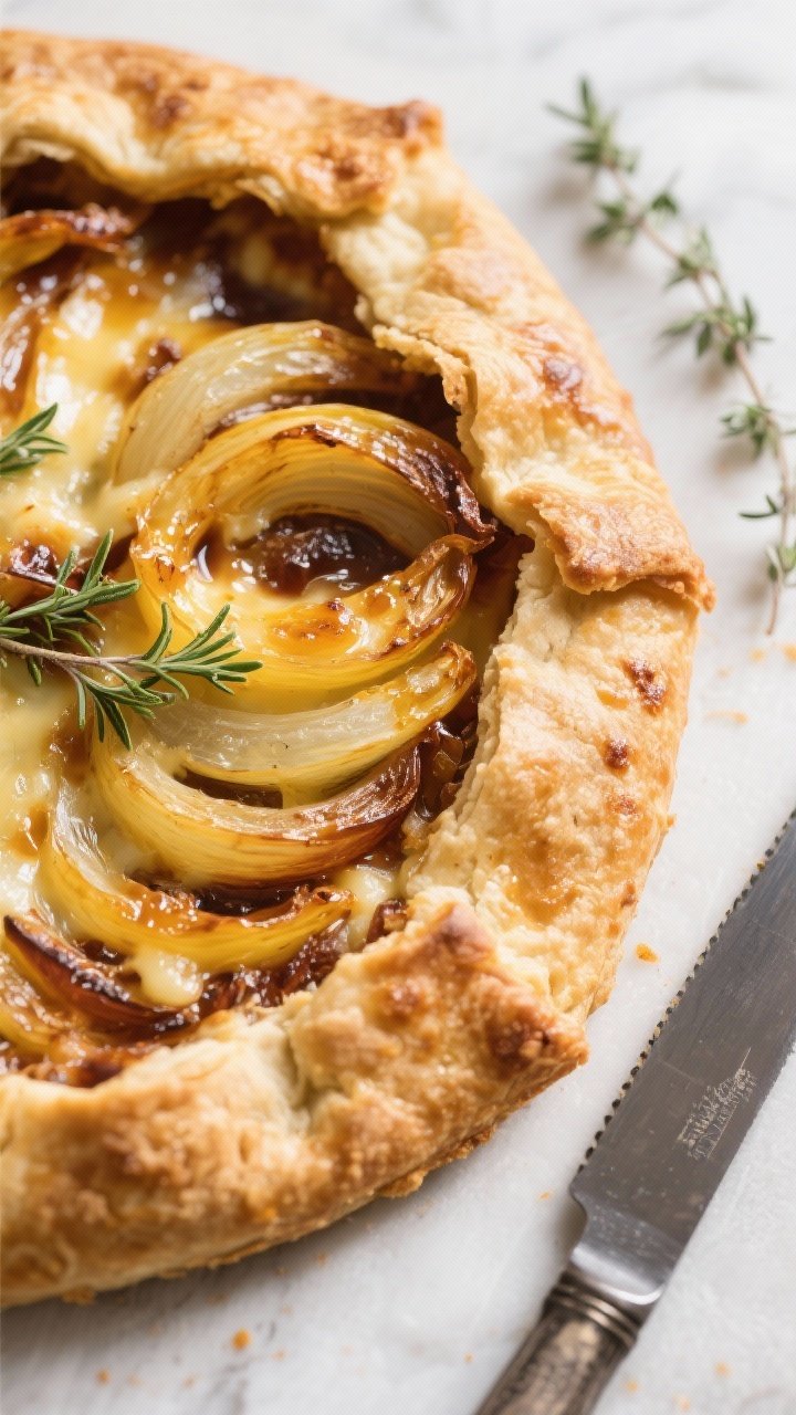 Close-up of a rustic galette: deeply caramelized yellow onions nestled inside a golden, flaky pie dough, edges folded and blistered, melted Gruyère bubbling and speckled with fresh thyme leaves; a light brush of balsamic sheen on the onions, photographed straight-on to emphasize layers and textures, knife and a few thyme sprigs beside.