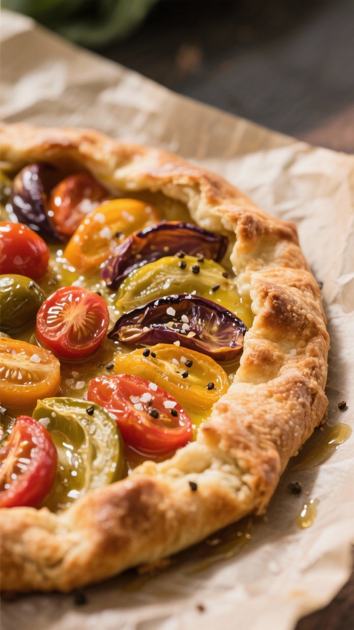 Close-up of an olive oil tomato galette on parchment: rustic crimped crust made with olive oil and flour, filled with overlapping slices of mixed heirloom and cherry tomatoes, lightly salted to concentrate juices; glistening olive oil sheen, cracked pepper, and flaky edges; warm, golden light to emphasize crispness and travel-friendly sturdiness.