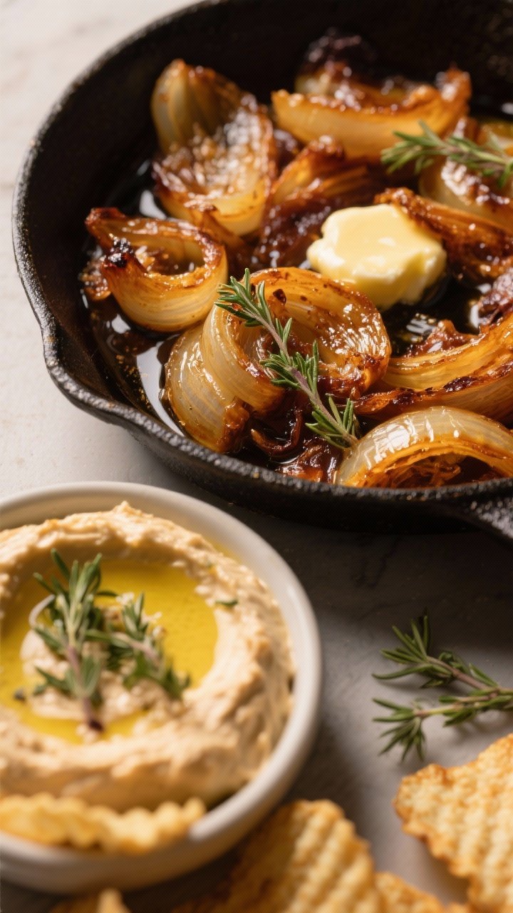 Close-up of Caramelized Onion and Thyme Dip: golden-brown, deeply caramelized onions glistening in a skillet with butter and olive oil; a small bowl of the finished dip nearby, speckled with fresh thyme leaves and a touch of balsamic for sheen; served with ridged kettle chips for crunch; warm, cozy tones, gentle highlights emphasizing the jammy texture of onions.