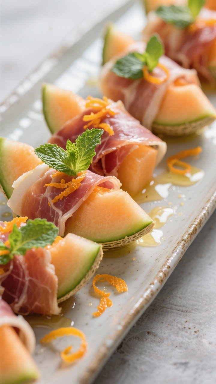 Close-up of citrus-melon prosciutto wraps: cantaloupe or honeydew wedges wrapped in delicate folds of prosciutto, glossed with a light lemon-olive oil dressing and bright orange zest over the top; a few torn mint leaves tucked in for freshness; arranged on a long ceramic platter with scattered mint and citrus curls; soft highlights emphasizing silky prosciutto and juicy melon.