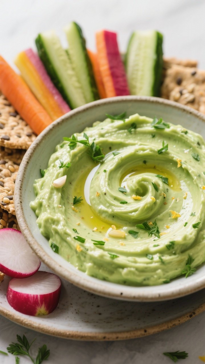 Close-up of creamy avocado green goddess dip swirled in a shallow ceramic bowl: lush green hue from ripe avocados, Greek yogurt and a hint of mayo, flecks of parsley, chives, and tarragon, tiny garlic and lemon zest specks visible, surrounded by crisp crudités (rainbow carrots, cucumber spears, radishes) and seeded crackers; glistening surface with a tiny olive oil pool and herb garnish.