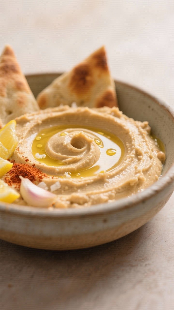 Close-up of Creamy Hummus with a tahini swirl: silky-smooth hummus whipped from chickpeas (not grainy), a defined swirl of tahini on top, glistening with a light olive oil sheen; bright pops of fresh lemon juice droplets and a hint of grated garlic; served in a wide ceramic bowl with warm pita triangles and a dusting of paprika; soft neutral background, shallow depth of field focusing on the velvety texture.
